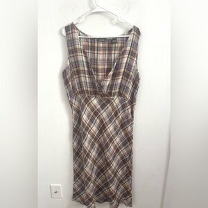 Eddie Bauer Plaid Linen Midi Dress 14T Sleeveless Academia Earth Tone Neutral